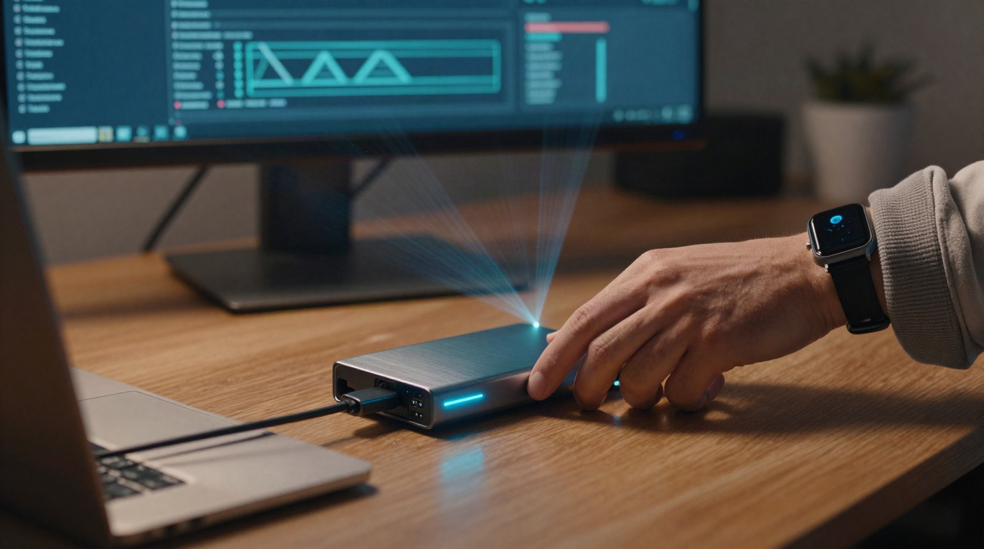 Руки подключают внешний SSD для создания резервной копии системы.